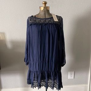 Prontomoda Giusy Boho Navy Blue Dress / Tunic Top | 100% Silk Italy | Lined | L